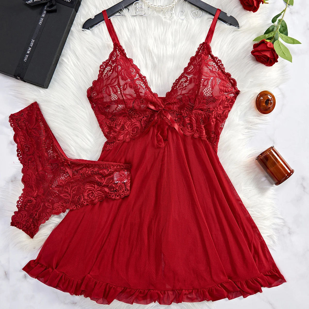 Sexy Lingerie Two-piece Lace Sling Light Mesh V-neck